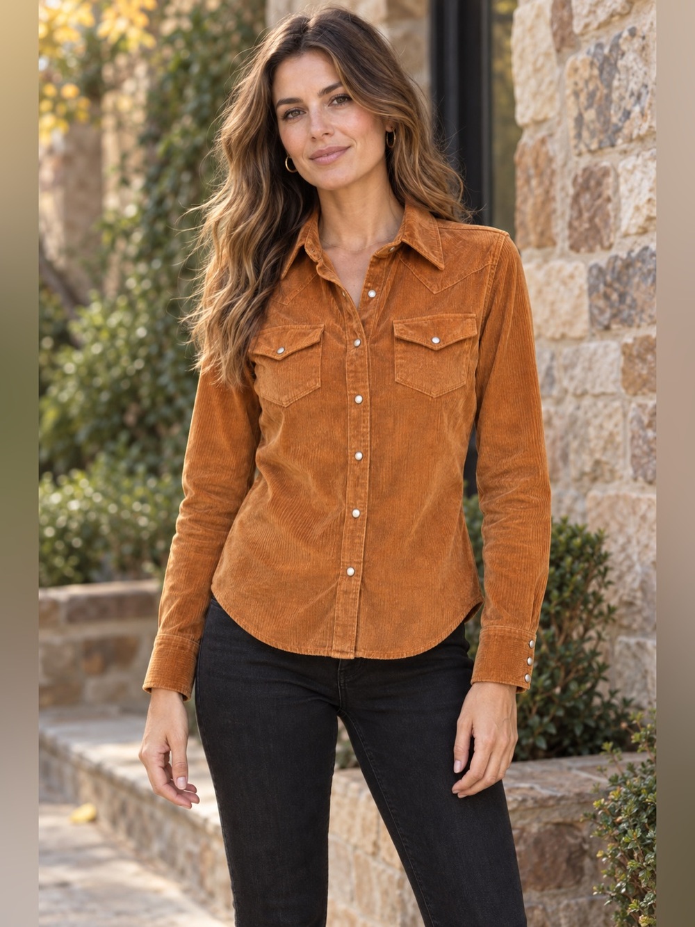 BLK DNM Sample Rust Corduroy Western Pearl Snap Shirt Small